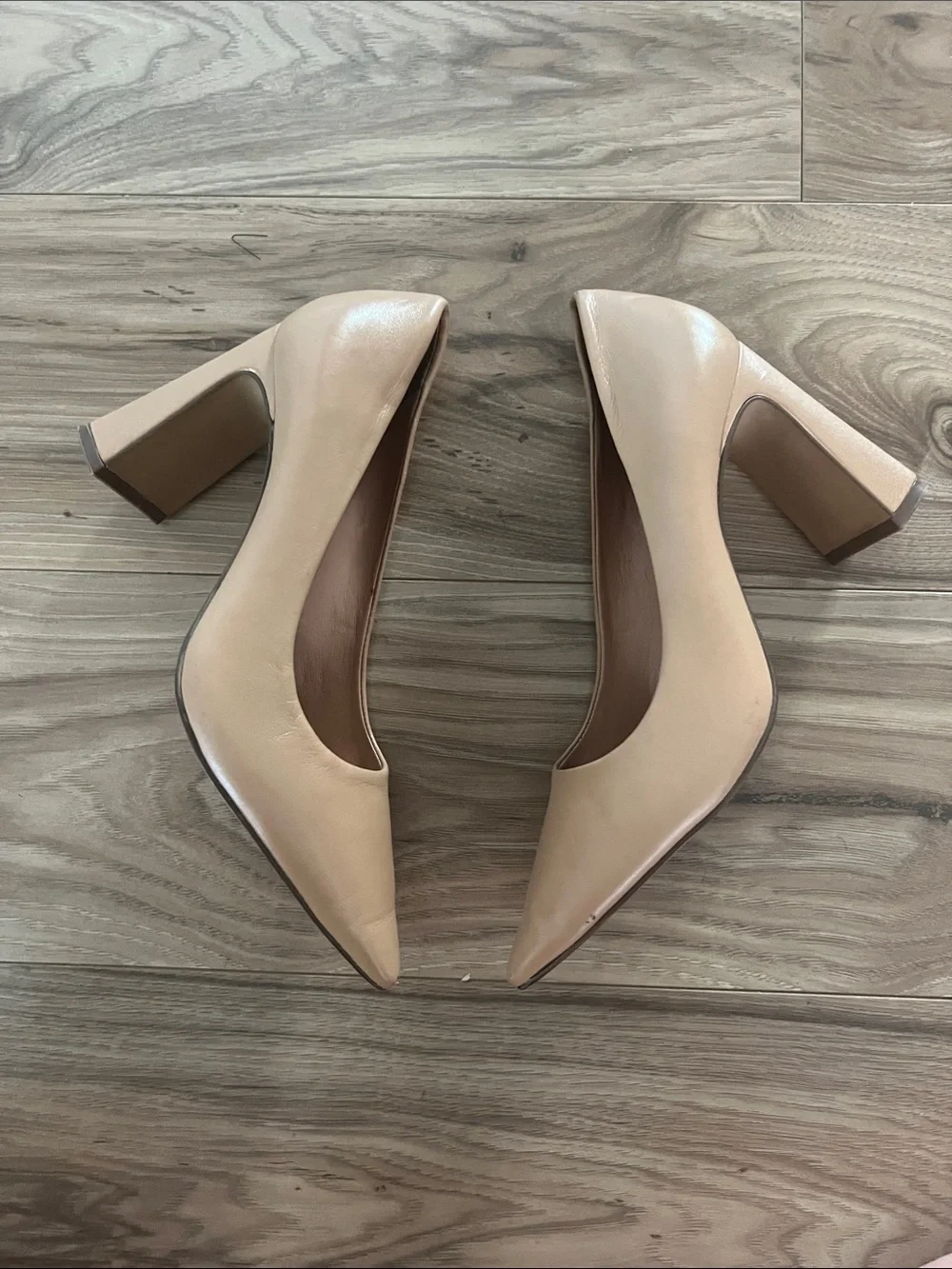 Vince Camuto Beige Pointed Toe Block Heel Pumps